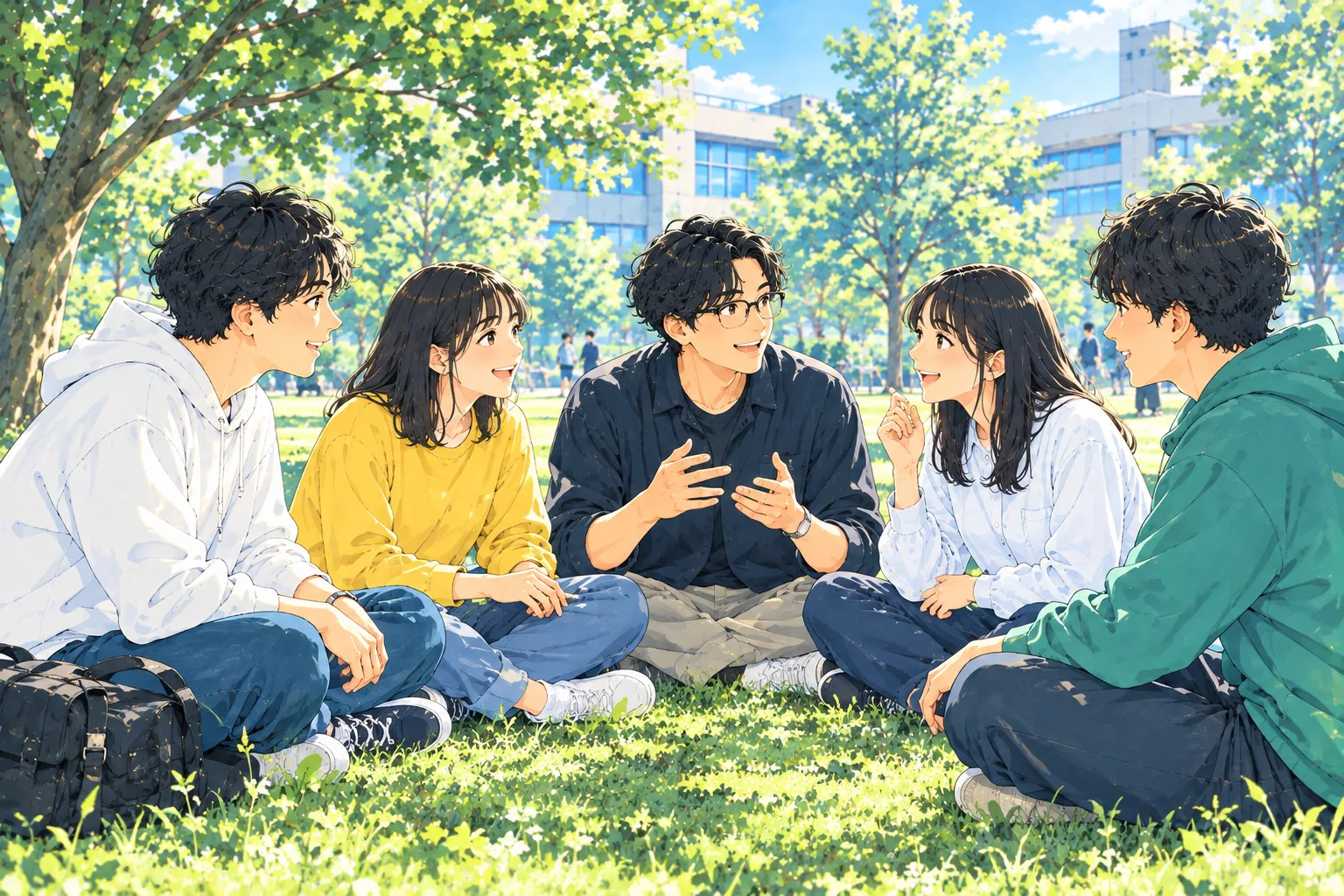 キャンパスの芝生で輪になって話す、学部の違う5人の学生