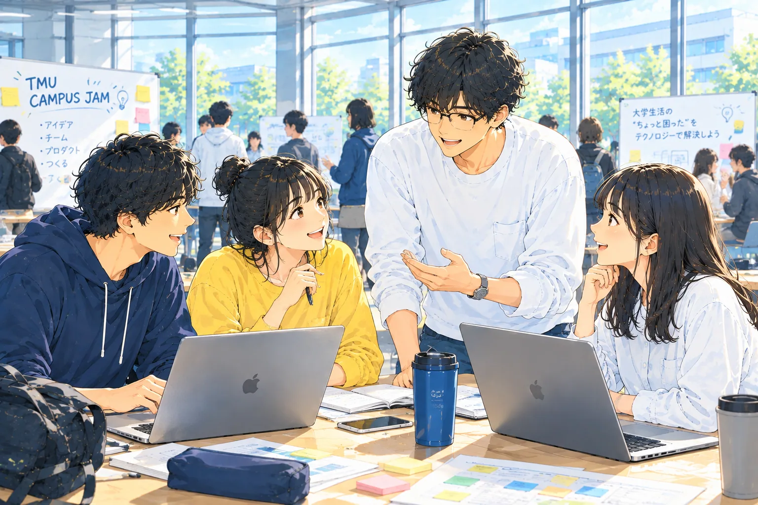 明るい教室で、ノートPCを開いて笑顔で話し合いながらプロダクトをつくる学生たち。奥の白板に CAMPUS JAM の文字が見える
